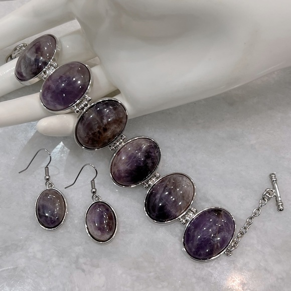 Jewelry - Amethyst Large Cabochon Silver Toggle Clasp Bracelet and Dangle Earrings